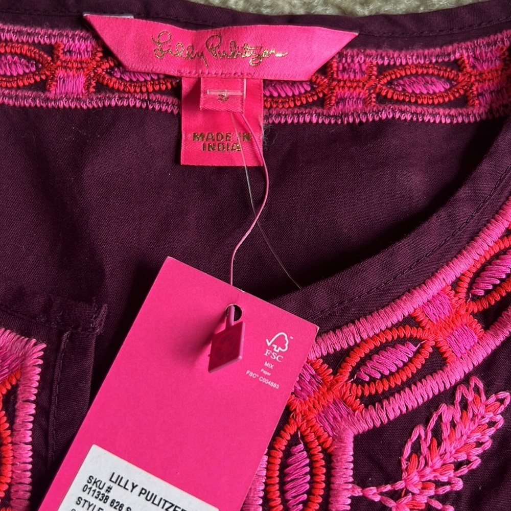 Lilly Pulitzer Corbett’s Tunic pink embroidered floral v neck blouse top small - Picture 4 of 6